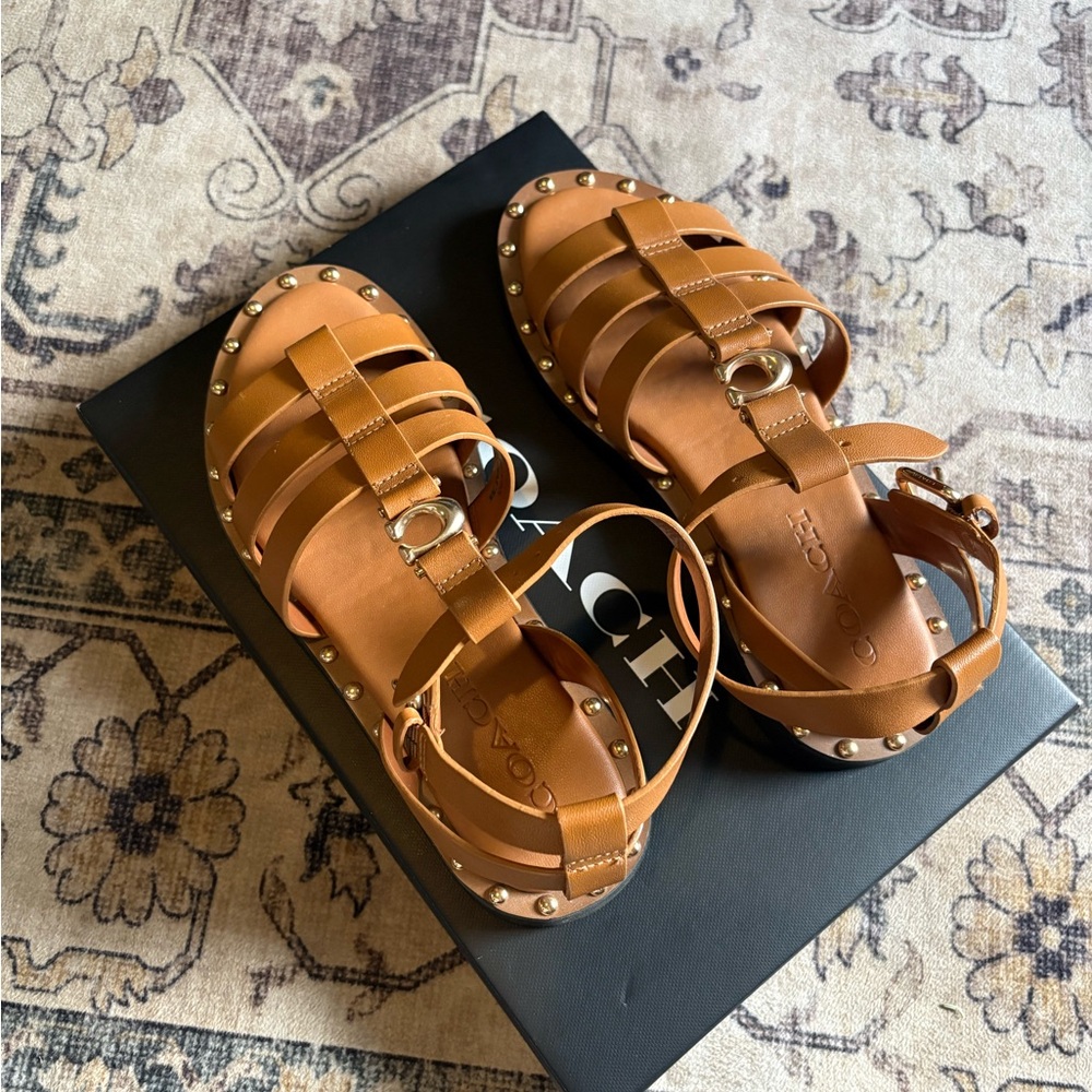 Coach Tan Studded Leather Gladiator Sandals